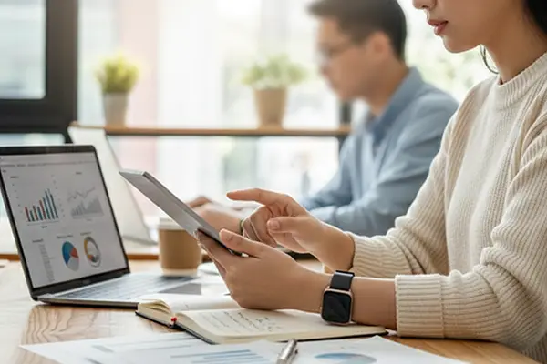 Equipe de contabilidade trabalhando em conjunto com notebooks e tablet em escritório moderno de Campinas.