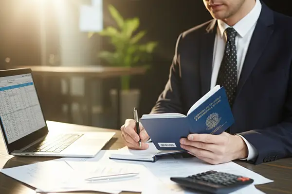 Consultor de RH analisando Carteira de Trabalho (CTPS) e documentos para assessoria trabalhista em Campinas.