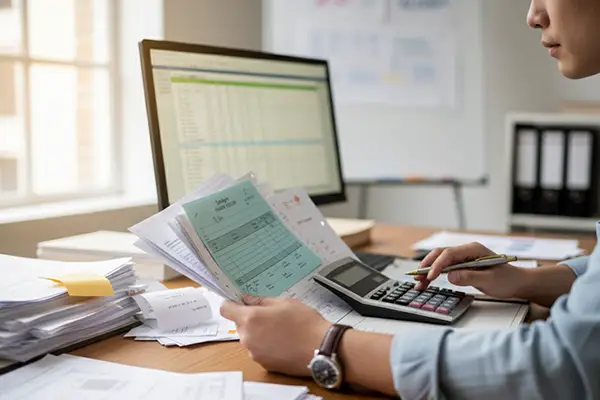 Contador analisando documentos financeiros e calculadora para assessoria tributária em Campinas.