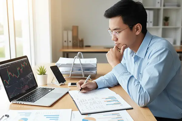 Consultor analisando gráficos financeiros em notebook para planejamento de Holding Patrimonial em Campinas.