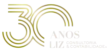 Selo comemorativo de 30 anos da Liz Consultoria & Contabilidade, com design dourado estilizado sobre fundo transparente.