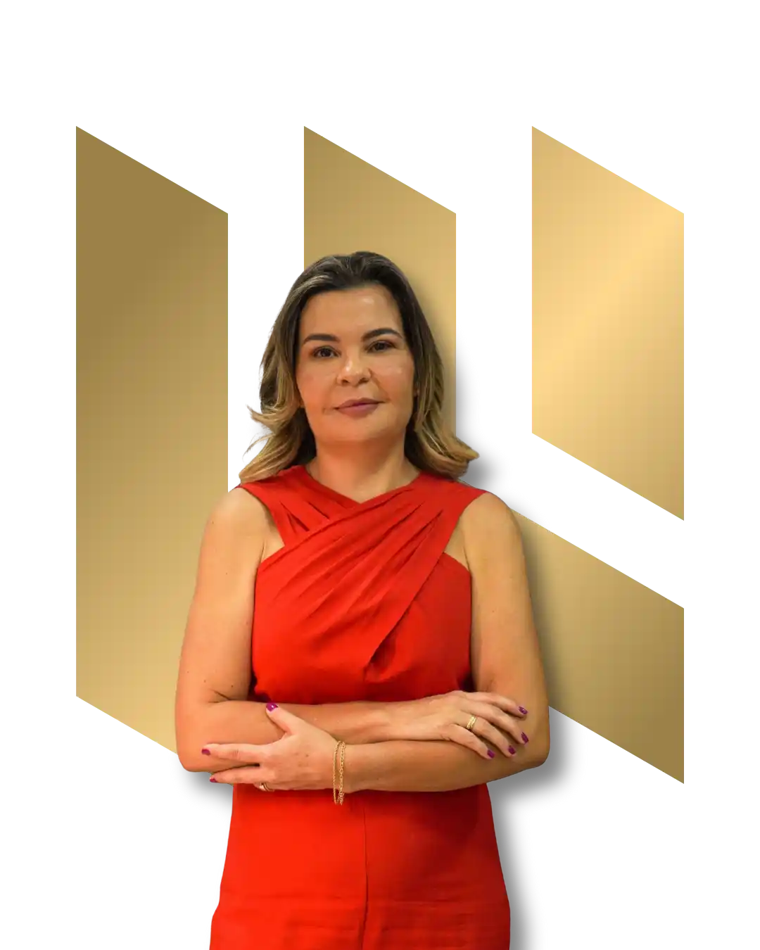 Retrato institucional da Valeria Liz fundadora da Liz Consultoria & Contabilidade em Campinas. Mulher de braços cruzados, usando vestido vermelho, com elementos geométricos dourados ao fundo e fundo transparente.